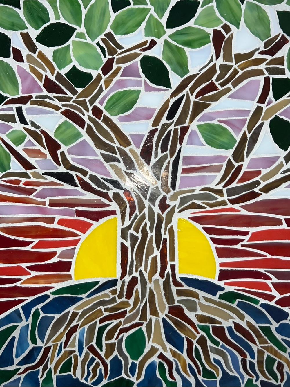 Sunrise Tree Mosaic Stained Glass Wall Art - Green, Yellow, Brown